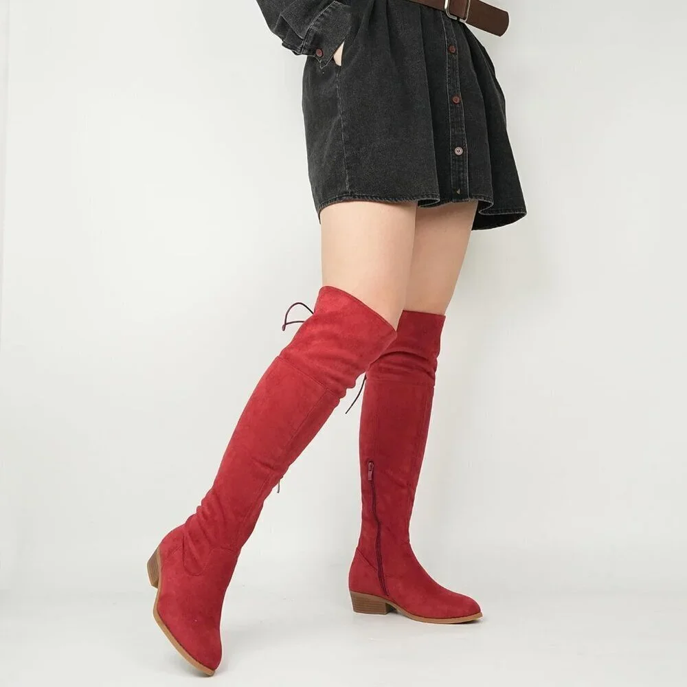 Women's Red Faux Suede Thigh High Over The Knee Black Low Flat Heel Boots